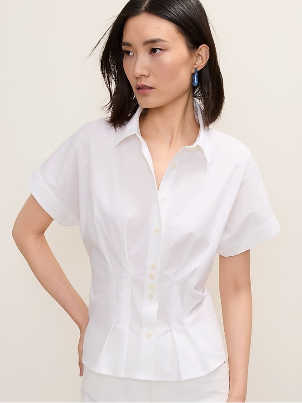 Ann Taylor White Short-Sleeve Button-Down Shirt